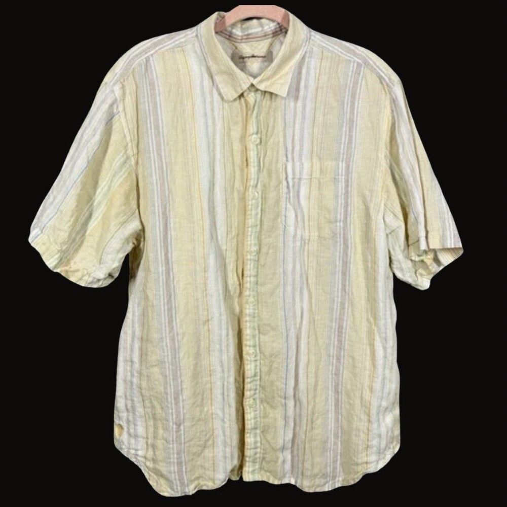 Tommy Bahama Shirt 100% Linen Camp Mens XL Striped Button Beach Resort